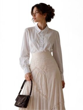 White Edwardian Ruffle Button Down Long Sleeve Vintage Poet Cotton Woman's Large